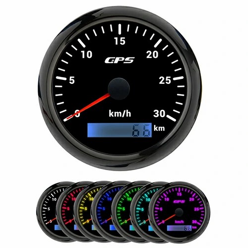85MM GPS SPEEDOMETER, BLK, WITH 7 COLOURS BLACKLIGHT, RANGE 0-30KMH, WATERPROOF AND ANTI-FOGGING, HIGH ACCURACY, VOLTAGE 12V/24V