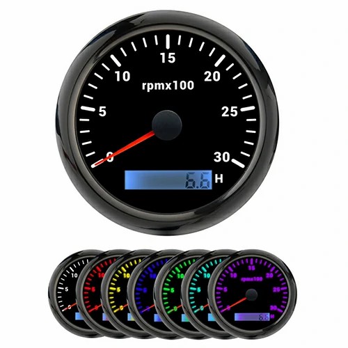 85MM TACHOMETER, BLK, WITH 7 COLOURS BLACKLIGHT, RANGE 0-30RPM×100(H), WATERPROOF AND ANTI-FOGGING, HIGH ACCURACY, VOLTAGE 12V/24V