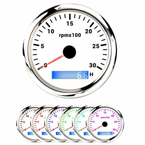 85MM TACHOMETER, ALL WHT, WITH 7 COLOURS BLACKLIGHT, RANGE 0-30RPM × 100(H), WATERPROOF AND ANTI-FOGGING, HIGH ACCURACY, VOLTAGE 12V/24V