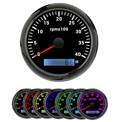 85MM TACHOMETER, BLK, WITH 7 COLOURS BLACKLIGHT, RANGE 0-40RPM × 100(H), WATERPROOF AND ANTI-FOGGING, HIGH ACCURACY, VOLTAGE 12V/24V