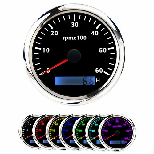 85MM TACHOMETER, WHT, WITH 7 COLOURS BLACKLIGHT, RANGE 0-60RPM × 100(H), WATERPROOF AND ANTI-FOGGING, HIGH ACCURACY, VOLTAGE 12V/24V