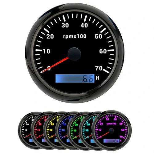 85MM TACHOMETER, BLK, WITH 7 COLOURS BLACKLIGHT, RANGE 0-70RPM×100(H), WATERPROOF AND ANTI-FOGGING, HIGH ACCURACY, VOLTAGE 12V/24V