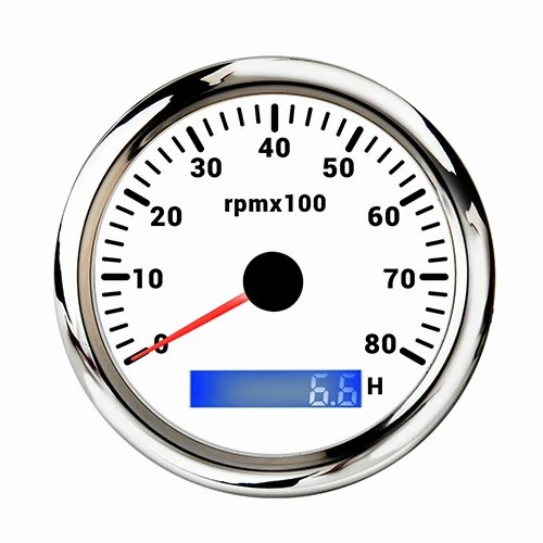 85MM TACHOMETER, ALL WHITE, WITH 7 COLOURS BLACKLIGHT, RANGE 0-80RPM×100(H), WATERPROOF AND ANTI-FOGGING, HIGH ACCURACY, VOLTAGE 12V/24V