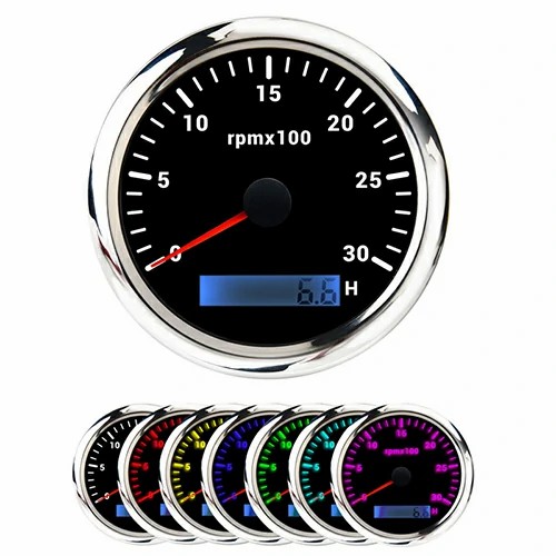 85MM TACHOMETER, WHT, WITH 7 COLOURS BLACKLIGHT, RANGE 0-30RPM×100(H), WATERPROOF AND ANTI-FOGGING, HIGH ACCURACY, VOLTAGE 12V/24V