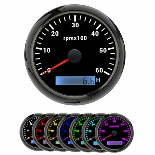 85MM TACHOMETER, BLK, WITH 7 COLOURS BLACKLIGHT, RANGE 0-60RPM × 100(H), WATERPROOF AND ANTI-FOGGING, HIGH ACCURACY, VOLTAGE 12V/24V