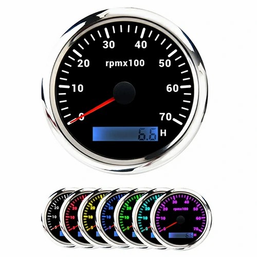85MM TACHOMETER, WHT, WITH 7 COLOURS BLACKLIGHT, RANGE 0-70RPM×100(H), WATERPROOF AND ANTI-FOGGING, HIGH ACCURACY, VOLTAGE 12V/24V