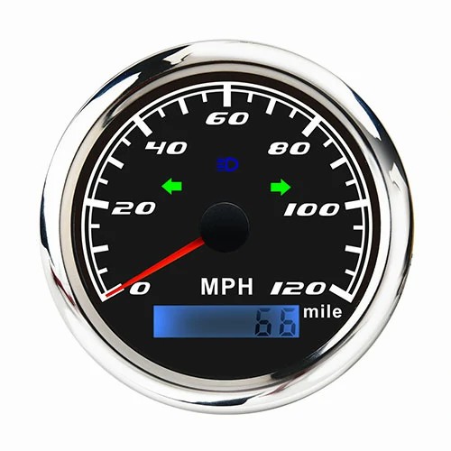85MM ANALOG BLACK FACEPLATE WHITE LED BACKLIGHT AND LCD DISPLAY 0-120MPH ADJUSTABLE GPS SPEEDOMETER GAUGE WITH TURNING LIGHT / MILE ODOMETER